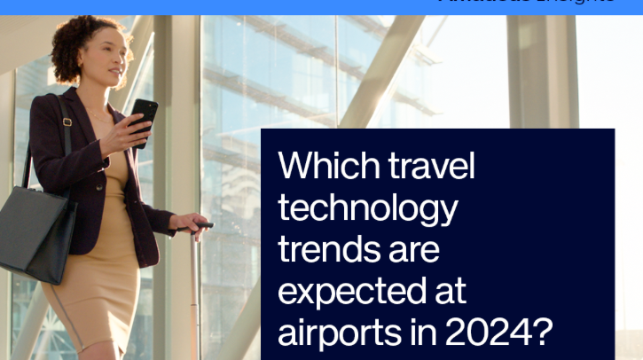 Airports sector to increase technology investment by 17% in 2024, Amadeus reports A passenger walks through an airport with a phone in her hand. A box overlaid on the image says, "Which travel technology trends are expected at airports in 2024?"